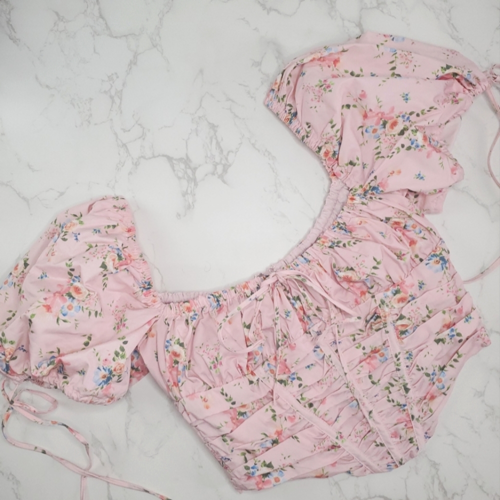 House of CB Gracie Pink Floral Crop Top, Size Medium